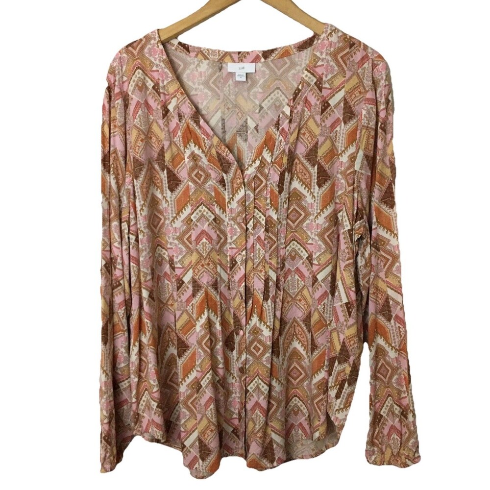 J.Jill Pintuck Blouse Size XL Geo Print Long Sleeve V-Neck Brown Orange Pink
